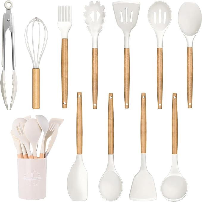 12-Piece Silicone Kitchen Utensil Set with Wooden Handles – Heat Resistant Cooking Tools – Spatula, Spoon, Tongs, Whisk & Holder – Nonstick Cookware Safe – White, Gray, Black (Black)
