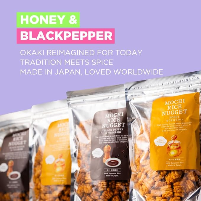 Mochi Rice Nuggets – Japanese Rice Crackers, Rice Crispy Treats, Japanese Snacks, No MSG, No Artificial Colors or Preservatives, Made in Japan, arare rice crackers, Black pepper flavor 4.9oz (140g)