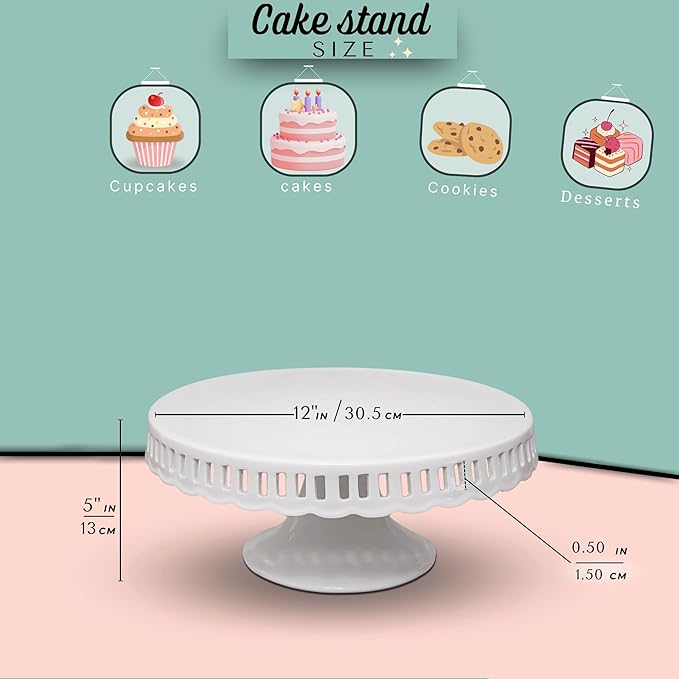 Ceramic Cake Stand, 12inch cake decoration supplies, Cake Pedestal Stand with 6 Ribbons, Cake Stands for Party or Birthday, White Cake Platter - Cake Display Stand for Wedding Reception, Pie Stand