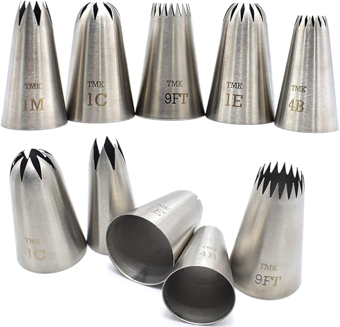 5 Pack Stainless Steel Seamless Piping Icing Tips #9FT 1C 1E 1M 4B, Large Star Piping Nozzle, Cake Decorating Tools for Baker