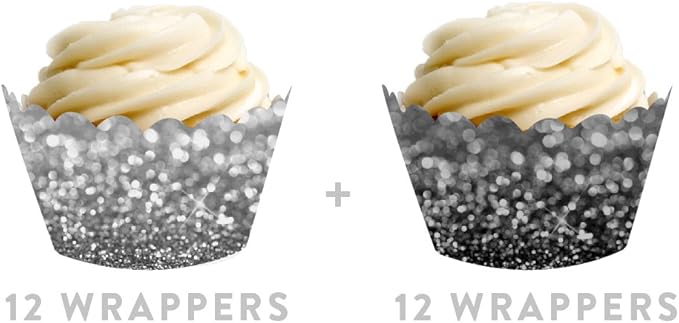 Andaz Press Party Cupcake Wrapper Decorations, Faux Black and Silver Glitter, 24-Pack, Theme Colored Bulk Cake Supplies