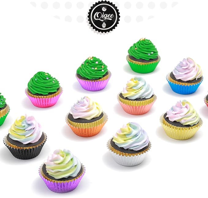 qiqee 500pcs Foil Cupcake Liners For Baking Standard Size Thick ＆ Sturdy Oil Resistance, 10 Color Baking Cups Muffin Liners Paper(Standard Size 2inch Bottom)