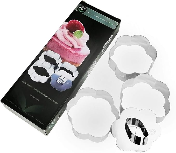 NewlineNY Stainless Steel Dessert Rings (4 Pcs) Flower Shape Molded Appetizers Salads Pastries Mousse Molding Layering Cutter