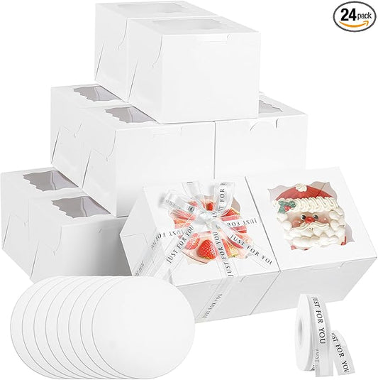 JCD 48pcs Bakery Boxes with Window,6x6x5in Small Bento Cake Box, Mini Cake Boxes sets cake within 6'' (24 Boxes & 24 Boards), Package for Pastries, Cupcakes, Birthday, Wedding(6 * 6 * 5inch/24sets)