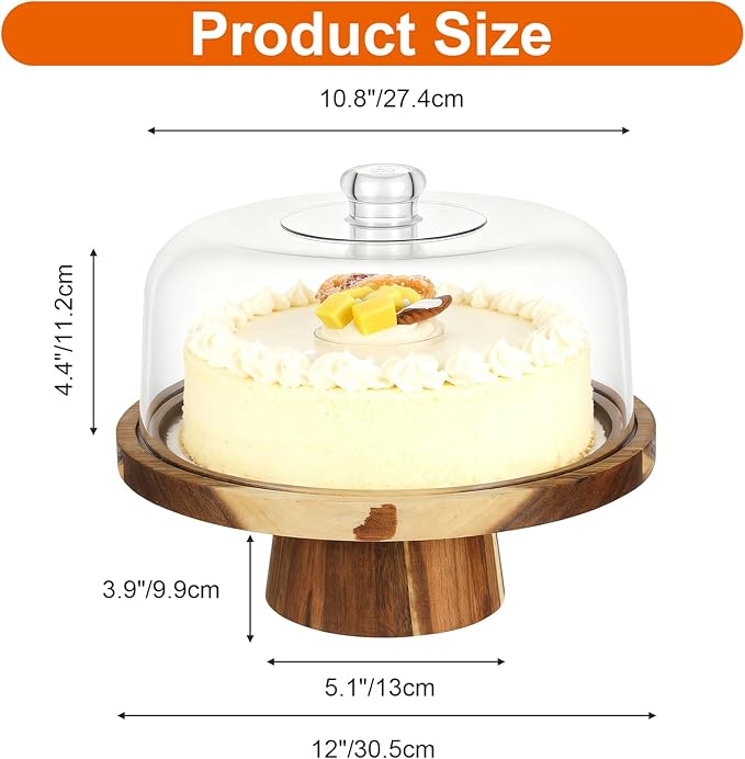 Acacia Wood Cake Stand With Lid, 12 Inch Wooden Cake Stand with Acrylic Dome Vintage Cakes Display Holder Versatile Dessert Table Display & Charcuterie Board for Wedding Birthday Party