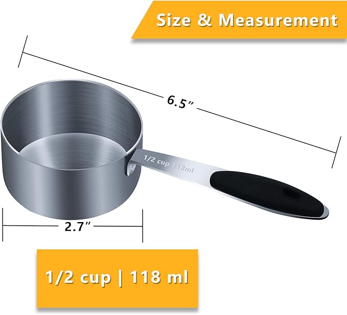 2PCS 1/2Cup (118ml, 4oz) Single Measuring Cup with Black Silicone Grip, Stainless Steel Individual Measure Scoop Only