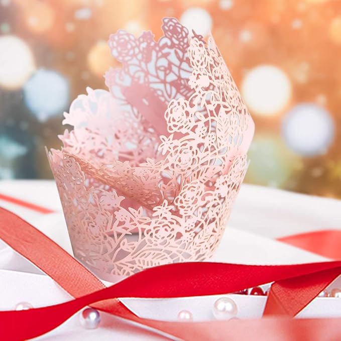 YOZATIA 60pcs Pink Rose Lace Cupcake Wrappers Holders, Laser Cut Cupcake Liners Decorative Liners for Wedding Party Birthday Cake Decoration Supplies