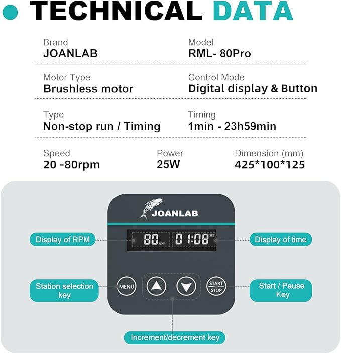 Digital Long Axis Rotating Mixer Shaker Lab Tube Roller Shaker Mixer 20-80RPM Timer and Continuous Mode for 2/5/10/15/50ml Tubes