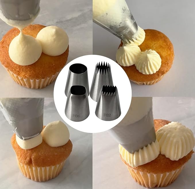 4Pcs Extra Large Piping Tips, Cookie Decorating Tools Cake Decorating Tips Frosting Icing Tips Piping Nozzles Baking Tools for Cupcake Cake Cookie Pastry, Food Grade Stainless Steel, F02 F06 9FT R22L