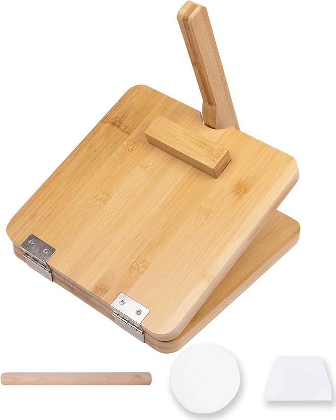 Premium Wooden Tortilla Press（Square 10"),Tortilla Maker Press Set with 50 Pieces Parchment Paper, Rolling Pin,Dough Scraper,Easy to Use and Clean,Durable and Solid.