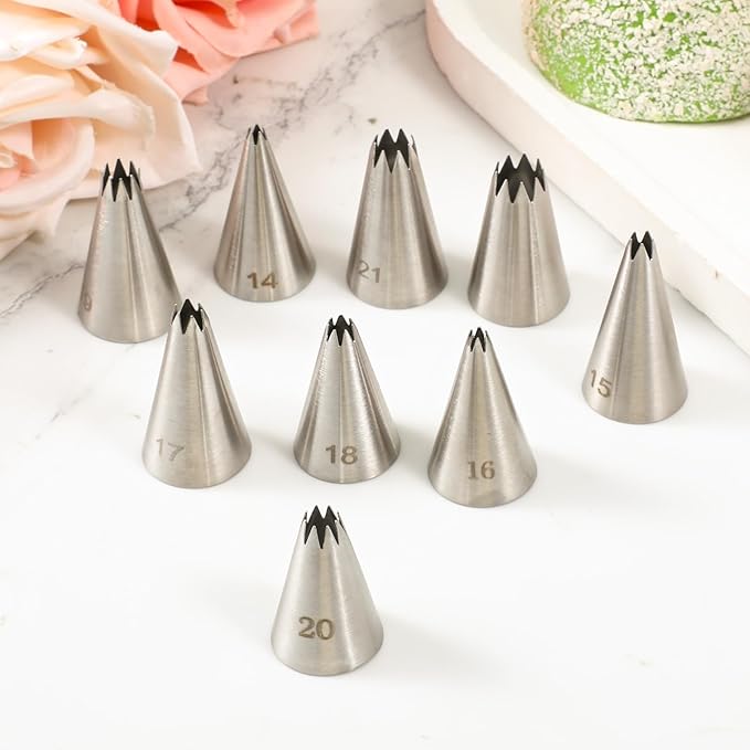 9 Pieces Open Star Piping Tips Set, French Star Tube Set, Stainless Steel Icing Tips, Star Pastry Tips, Frosting Nozzle Kit for Cake Decorating, Sizes 14-22