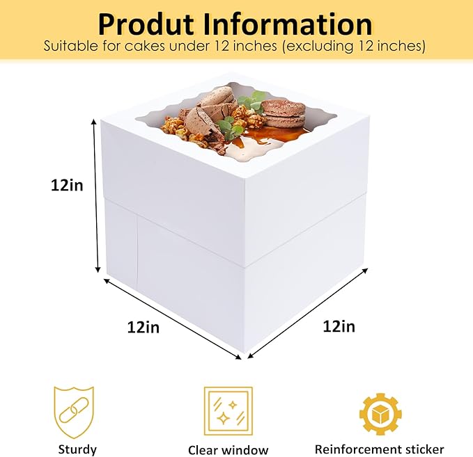 Moretoes 12 Pack Cake Boxes, 12x12x12 Inch Cake Box with Window for Tier Cakes, Sturdy Tall Cake Carrier with Lids, Disposable Containers for Valentine's Day, Mother's Day, Wedding, Birthday, Party