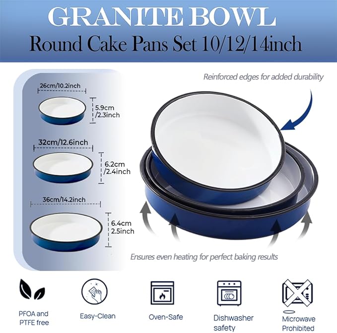 3-Pack Enamel Roasting & Baking Pan Set 10/12/14 Inch Round Deep Cake Pans for Turkey Pizza Casseroles Desserts Oven & Dishwasher High Temperature Resistance Thanksgiving Holiday Gifts & Baking Dishes