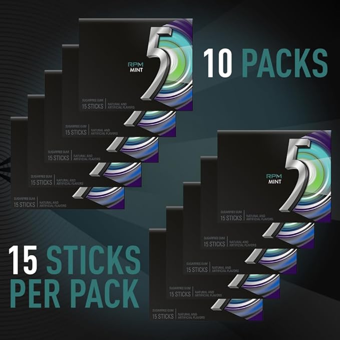 5 Gum RPM Mint Sugar Free Gum Bulk, 15 Count (Pack of 10)