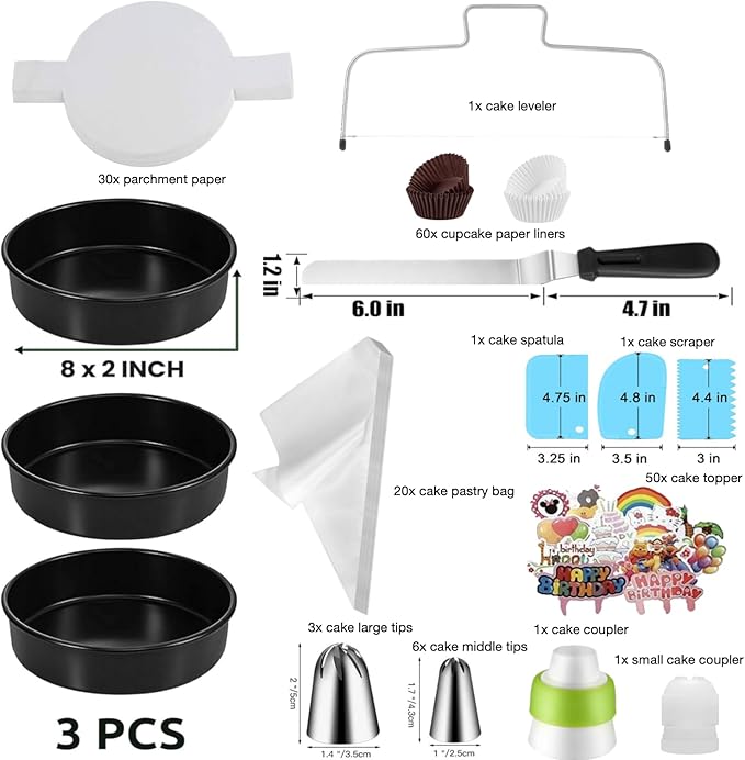 Tingjia 179PCs Round Cake Pans Sets for Baking-Nonstick 8 Inch Springform Cake Pan Set of 3 with Cake Decorating Supplies Kit, Cake Leveler, Icing Tips, Piping Bags, Spatula, and Baking Pans Set