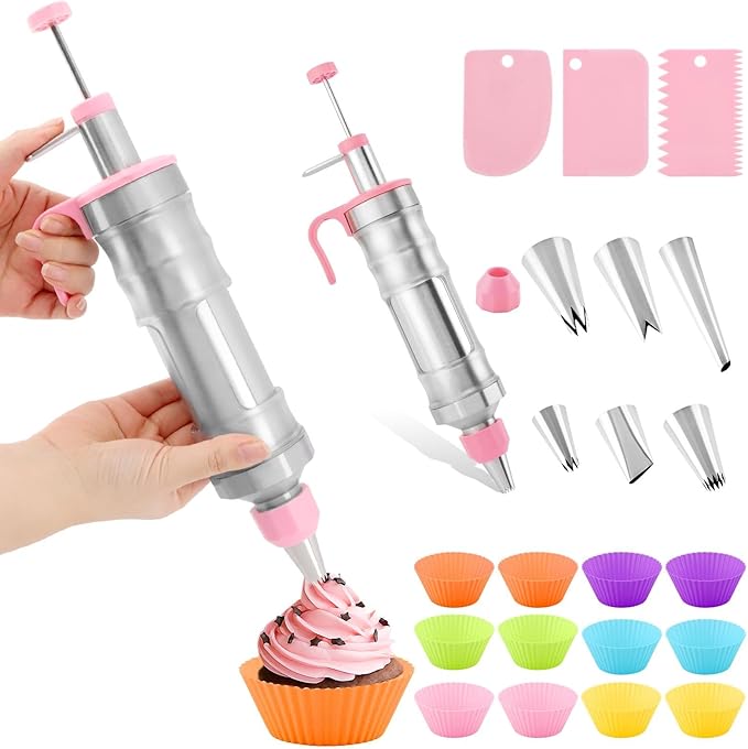Dessert Decorating Syringes Set, Frosting Piping Kit Stainless Steels Cake Decorating Tool with 6 Piping Tips & 12 silicone cupcakes, Frosting Filling Injector Cake Icing Tools