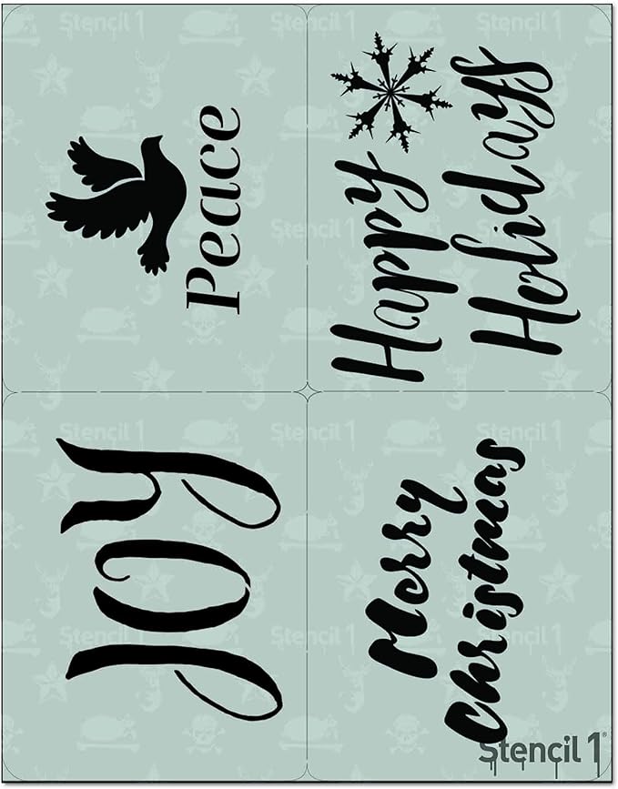 Stencil1 Holiday Greetings 4 Pack Set Stencil – Reusable Winter Christmas Template for DIY Crafts, Holiday Decor, Painting on Wood, Fabric, Cards & More - 8.5" x 11"
