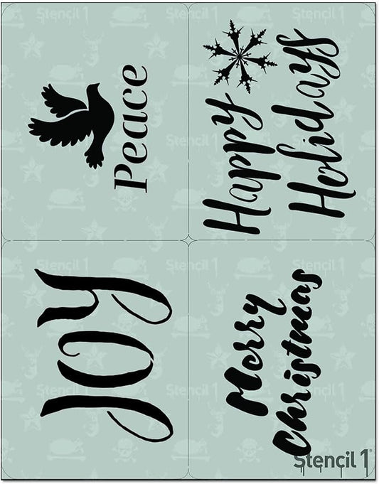 Stencil1 Holiday Greetings 4 Pack Set Stencil – Reusable Winter Christmas Template for DIY Crafts, Holiday Decor, Painting on Wood, Fabric, Cards & More - 8.5" x 11"