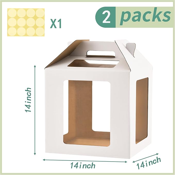 XININSUN Tall Cake Boxes for Tier Cakes 14x14x14 Inch Tall Cake Carrier with 6 Windows,Large Tierd Cake Take Out Transport Containers with Handle for Wedding, Birthday, Party-2Pack