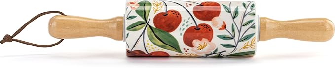 DEMDACO Rolling Pin for Cooking and Baking 9 Inch Ceramic Stoneware With Wooden Handles Cherry Blossom