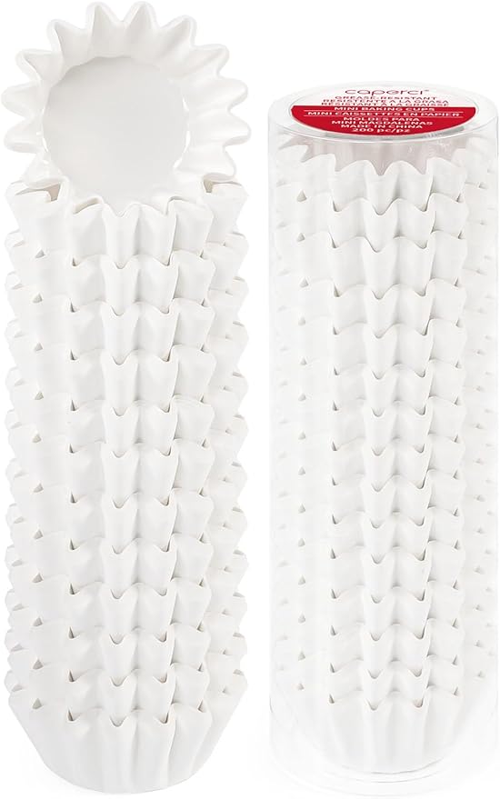 Caperci Heavy Duty White Mini Cupcake Liners 200 Counts - Grease-Resistant Paper Muffin Baking Cups, Odorless, No Muffin Pan Needed, Easily Peels (White)