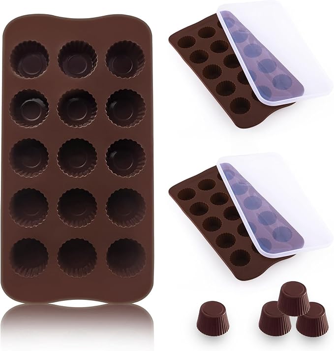 2 PCS Chocolate Molds with Lid,15 Cavity Round Non Stick Baking Silicone Mold for Peanut Butter Cup Jelly Food Grade Candy Truffles Ice Cake Mold,for Decor Party Christmas Birthday Gift