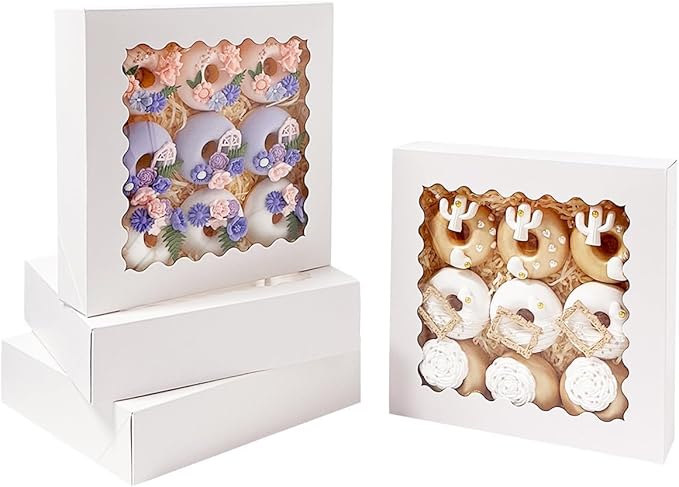 Bakepacker 55pcs White Pie Boxes 8x8x2.5 inches Easy Assemble Macaroon Bakery Boxes Cookie Boxes with Window for Bakery (Auto-pop Up)