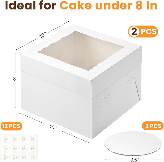 Ocmoiy 2 Sets Cake Boxes with Cake Boards, 10 x 10 x 8 Inches White Bakery Boxes with Window Tall Cake Containers for Wedding Birthday Party