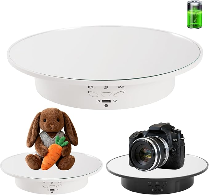 7.87'' Rotating Display Stand Motorized Rotating Display Stand, 22 lbs Load Electric Turntable with Mirror Cover, Lazy Susan Showcase with USB for Jewelry Photography 3D Model Cake, White