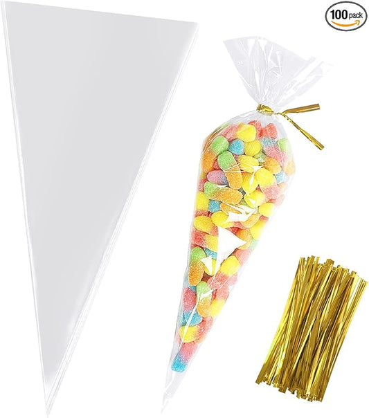 Morepack Cone Shaped Cellophane Treat Bags, 5x10 Inches Clear Triangle Plastic Bags for Popcorn Favor, Candy, 100 Pieces