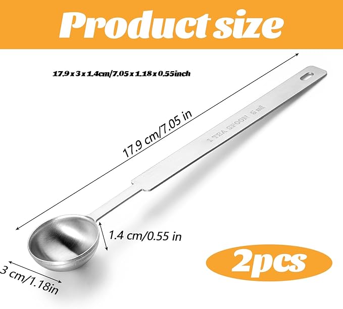 Ouligay 2Pcs 1 Teaspoon (5 mL | 5 cc | 1/3 Tablespoon) Single Measuring Spoon, Stainless Steel Individual Measuring Scoop, Long Handle Metal Measuring Spoons Only
