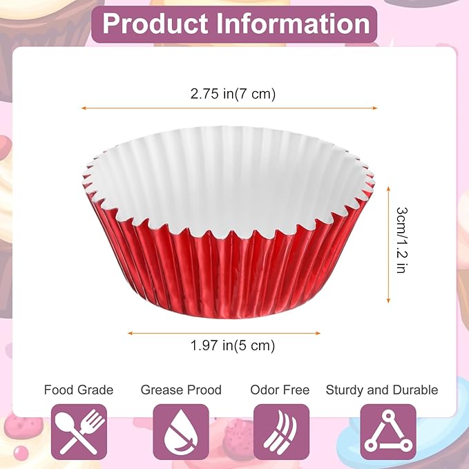 HARFINGTON 100 Count Red Foil Muffins Cupcake Liners Standard Size Metallic Baking Cups Wrappers Greaseproof for Party Wedding Birthday