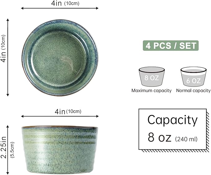 UNICASA Ramekin Set of 4, UNICASA 8 oz Creme Brulee Ramekins, Oven Safe Baking Set for Custard, Pudding, Souffle Cups, Reactive Green