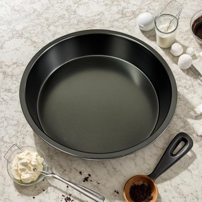 8" Round Nonstick Cake Pan Set, 3 Piece Carbon Steel Solid Bottom Baking Molds, Oven Safe - Contains 50 Sheets of Oil Paper, Essential for Home Baking with Non-Stick Coating (Black)