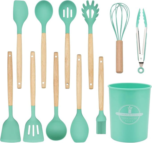 12-Piece Silicone Kitchen Utensils Set with Wooden Handle, Non-Stick & Heat Resistant Cooking Utensils (446°F), Includes Spatula, Spoon, Turner, Tongs, Whisk, Great for Home Cooks-Green
