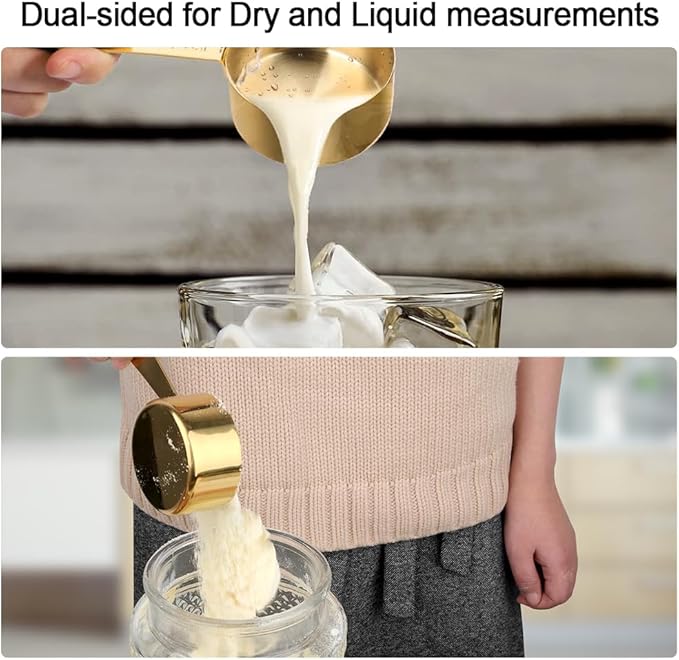Gold Measuring Cups and Spoons, Set of 9, Including 4 Measuring Spoons, 5 Measuring Cups, Stainless Steel Kitchen Gadgets for Liquid & Dry Ingredients