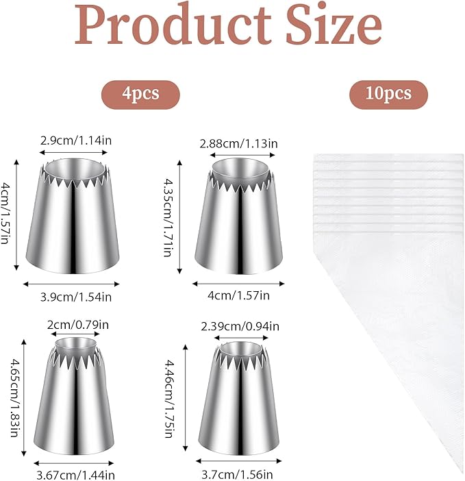 4 PCS Large Piping Tips Set Stainless Steel Big Icing Nozzles Kit with 10 PCS Piping Bag Cake Decorating Tips For Pastry, Cookies, Cupcakes, Baking Supplies