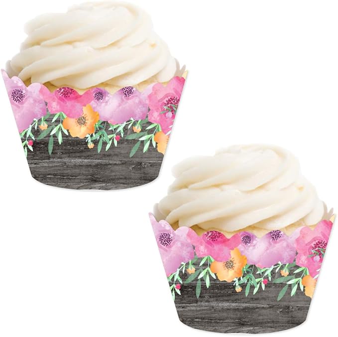 Andaz Press Party Cupcake Wrapper Decorations, Pink Floral Flowers on Gray Wood, 24-Pack, For Girls 1st Birthday Baby Bridal Shower Tea Party Themed Decorations