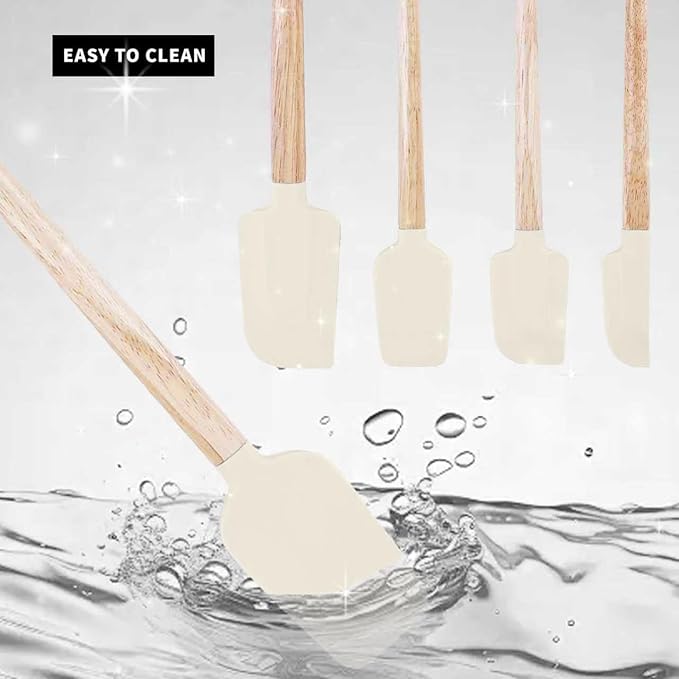 Ptanexx Wooden Handle Silicone Spatula Set 5 Piece, Batter Mixing Spatula, Spatula for Cooking, Jars, Baking, Mixing, Frosting