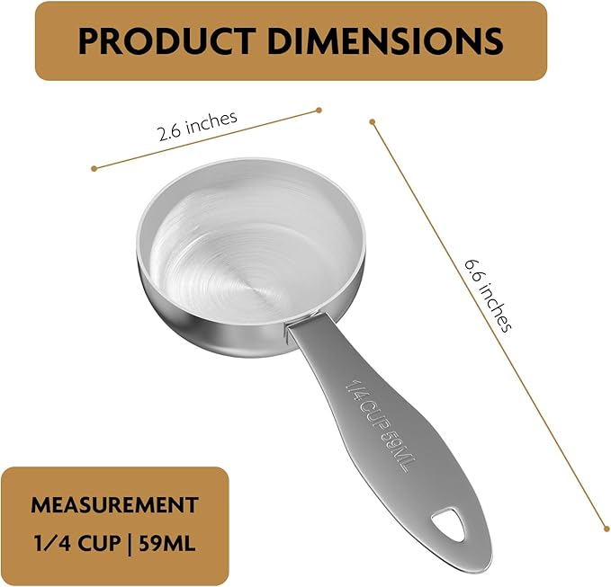 1PCS 1/4Cup(59ml) Stainless Steel Measuring Cup, Heavy-duty Single Metal Scoop for Wet and Dry Ingredients, Great Kitchen Gadgets for Cooking