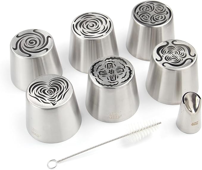 6 Pieces Stainless Steel Extra Large Russian Tulip Icing Tips Kit, Cupcake Dessert Marshmallow Piping Nozzles Set,1 Cleaning Brush,1 Medium Ruffle Icing Tip for Cake Decorations,Pastry Baking Tools