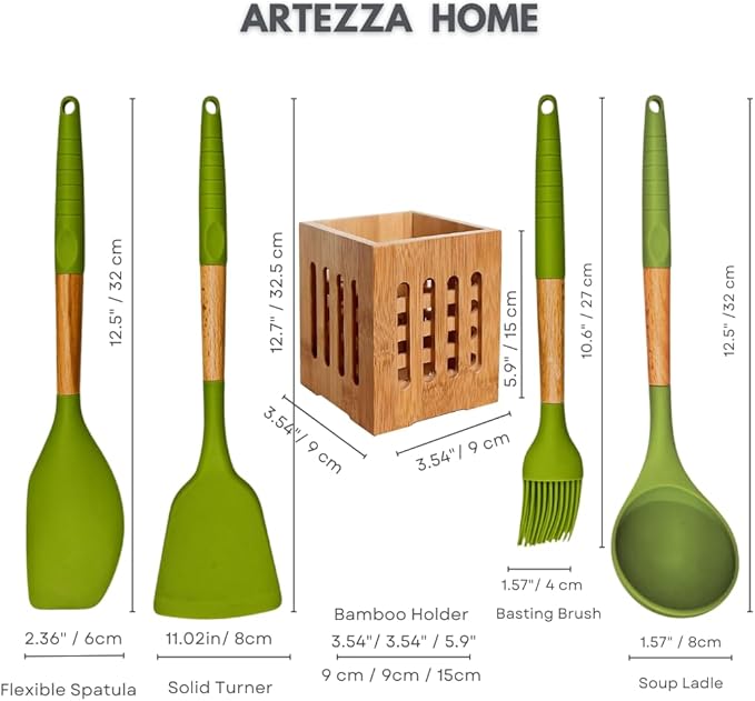 Premium Silicone Kitchen Utensil Set –10-Piece Cooking Tools with Wooden Handles and Bamboo Holder, Nonstick Safe, Heat Resistant, BPA-Free, Gift for Home or Housewarming (Green Set -10pcs)