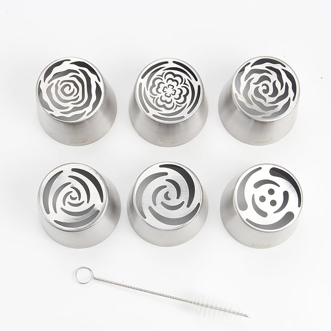 Extra Large Russian Piping Tip Set - 6 Stainless Steel Marshmallow Buttercream Framing Nozzles for 3D Roses Tulip Cake Decorations and Marshmallow Bouquets, Includes 1 Cleaning Brush(6C)