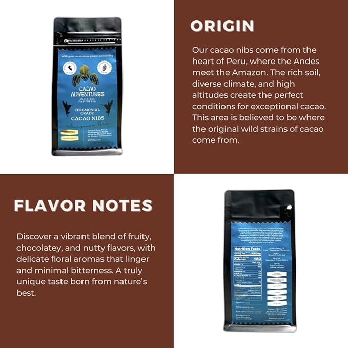 Cacao Adventures Raw Cacao Nibs Unsweetened, Made from Whole Cacao Beans, 10 oz – Wild Strains, Lab-Tested Low Heavy Metals | High Amazon Basin - Peru | Keto, Vegan, Gluten-Free Superfood | Crunchy Snack for Smoothies, Baking & Toppings