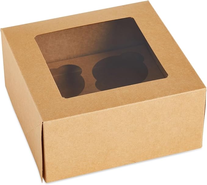 Juvale Cupcake Boxes - Clear Window Display - Easy Assembly for Muffin Packaging - Food Grade Cupcake Containers - Pack of 24, 6-Count, Brown Paperboard, 9.4 x 6.2 x 2.9 in