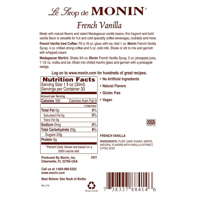 Monin - French Vanilla Syrup, Boxed, Versatile Flavor, Natural Flavors, Great for Coffees, Cocktails, Shakes, and Kids Drinks, Non-GMO, Gluten-Free (1 Liter)