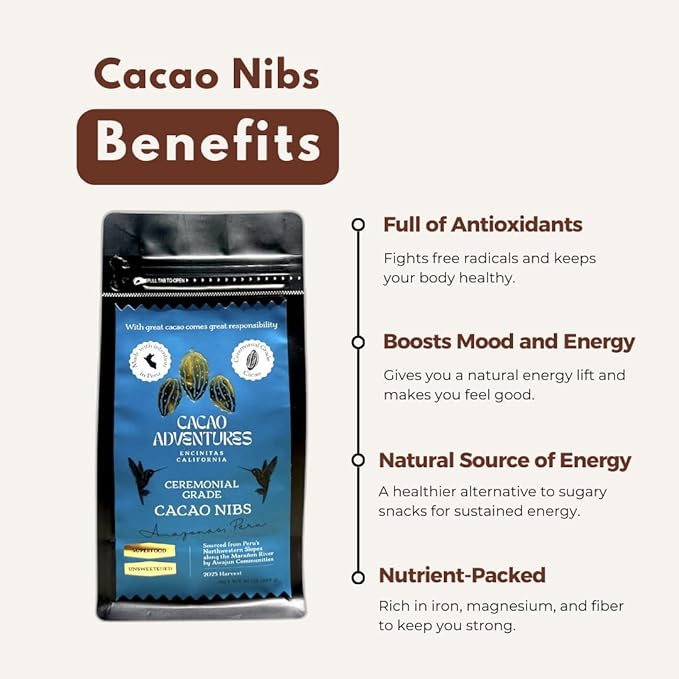 Cacao Adventures Raw Cacao Nibs Unsweetened, Made from Whole Cacao Beans, 10 oz – Wild Strains, Lab-Tested Low Heavy Metals | High Amazon Basin - Peru | Keto, Vegan, Gluten-Free Superfood | Crunchy Snack for Smoothies, Baking & Toppings