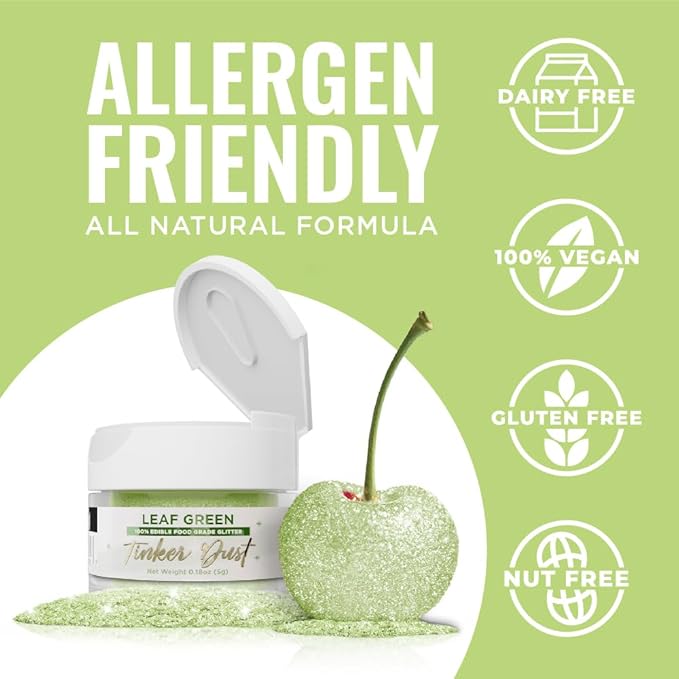 Bakell - Leaf Green Tinker Dust (5g, 1x Jar) Edible Glitter for Food, Desserts, and Beverages!