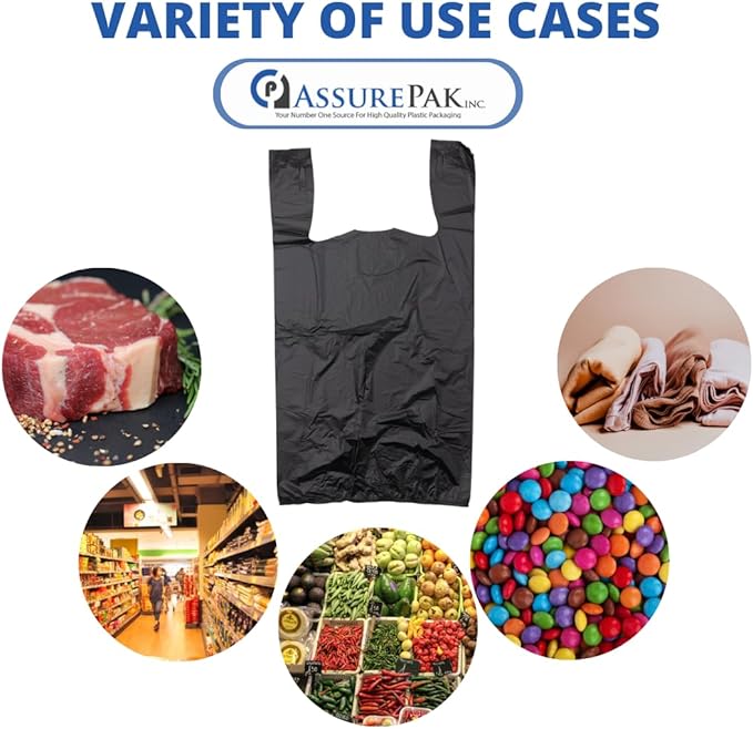 ASSUREPAK Easy Open - 1000 Bags - Black Unprinted HDPE T-Shirt Bags - 1/6 BBL 11.5"X6"X21" - 13 microns - Black - LOOP-BLACK-EO