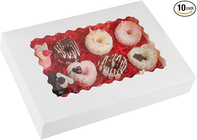 10-Pack 16x11x2.5 Inches Cookie Boxes with Window,White Bakery Boxes Auto-Popup Cake Boxes,Muffins,Cookies Boxes with PVC Window Hold 12 Donuts